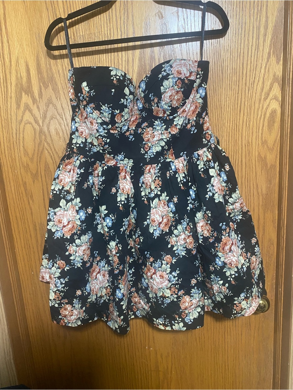 Black Floral Strapless Fit-and-Flare Dress